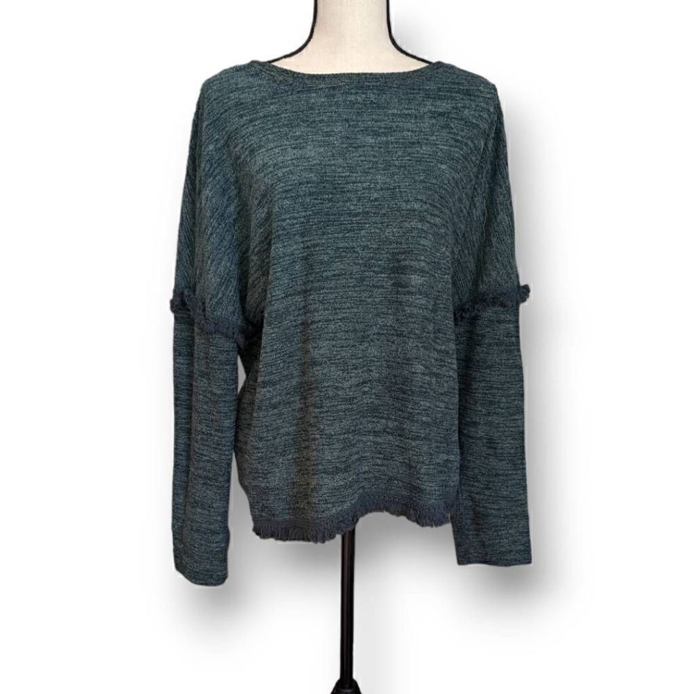Knox Rose Sweater Green Marled Knit Long Sleeve Fringe Size XXL